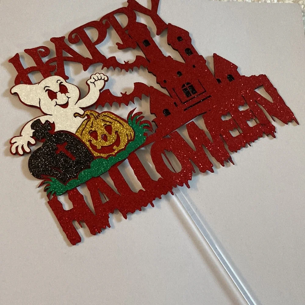One Happy Halloween Haunted House Ghost Red Glittery Party Cake Topper New
